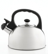 Hot boiling water is ready with a whistle, perfect for tea and other hot drinks. This classically styled tea kettle gleams in brushed stainless steel, providing a polished look that heats quickly every time. Limited lifetime warranty.