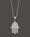 This protective Hamsa pendant is set in pave diamonds and 14 Kt. white gold.