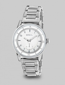 From the Orchestra Collection. A classic timepiece in sleek stainless steel. Quartz movementWater resistant to 10 ATMRound stainless steel case, 40.5mm (1.6)White-plated bezelWhite dialNumeral hour markersSecond hand sub-dialStainless steel link braceletImported