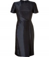 Clean lines and folds make this sophisticated dress super-flattering - Designed in dark blue rayon-silk blend for an excellent fit and feel - Features a slim silhouette, small round neck and short sleeves - Pencil skirt style falls at knee - Wear for evening events and cocktail parties with heels or glam sandals, and a favorite clutch and jewelry