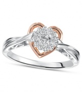 Hearts aflutter. This adorable ring features sparkling round-cut diamonds (1/5 ct. t.w.) in an artsy, twisted sterling silver and 14k rose gold setting. Size 7.