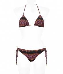 Stylish bikini made ​.​.of fine, multicolored patterned synthetic stretch - Glamorous print in shades of purple, brown and black - Classic triangle halter style is adjustable at back and neck - Narrow bottoms features adjustable side ties - A must-have on your next tropical vacation, or simply on your own pool deck