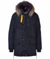 Whether youre hitting the city or the slopes this season, Parajumperss navy down parka is a sporty-luxe cold-weather essential - Water- and wind-resistant outer has an elegant, light sheen - Slim cut style hits mid-thigh - Full zip and supplementary button placket - Elbow patches and decorative contrast yellow trim - Raccoon-trimmed hood and sipper embellishment -  Two vertical flap pockets at sides, two oversize flap pockets at hips and single skinny pocket at chest - Fashionable and functional, a stylish must for all casual winter looks