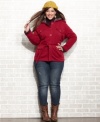 Faux fur lends a luxe touch to Dollhouse's plus size hooded fleece, cinched by a belted waist-- it's a must-get for fall!