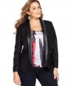 Add instant pizazz to your style with DKNY's plus size tuxedo jacket, accented by a metallic finish and faux leather trim.