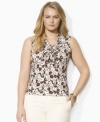 A feminine ruffled placket creates a romantic flourish on a sleeveless cotton jersey plus size top from Lauren by Ralph Lauren.