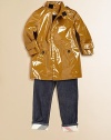 Shiny and sturdy, this versatile raincoat will help him battle the elements in style.Stand-up collar with grip-tape closureLong sleeves with grip-tape cuff detailEpaulettes on shouldersGrip-tape front closureAngled front pockets with buttonsBack vented hem60% cotton/40% polyurethaneDry cleanImported