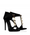 These strappy sandals are super-sexy with a modern-glam look that turns any outfit into a wow - Features center bridge strap of gold-color triangular blocks connecting to an elegant ankle cuff - Ultra-high stiletto - Pair with a cocktail dress, leather pants or a tube skirt