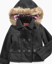 A fur-trim hood on this Dollhouse pea coat adds a cozy and feminine touch to an already warm style.