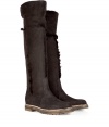 Up the style quotient of your cold weather look with these rugged-luxe shearling boots from Rossano Bisconti - Round toe, chunky sole and low block heel, supple suede, over-the-knee length with the option to fold-over, shearling lined - Style with skinny jeans, an oversized cashmere pullover, and a cape coat