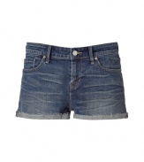 Get the look of the season in these chic denim shorts from Marc by Marc Jacobs - Five-pocket styling, cuffed hem, ultra-short length - Style with an oversized blouse, platform booties, and an oversized tote