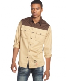 Get funky in this Rocawear button down featuring a cool two-tone design.