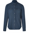 Casual and edgy with its indigo washed cotton and Western-inspired pockets, Burberry Brits button-down is a cool choice for all 4 seasons - Classic collar, long sleeves, snapped cuffs, snapped front, snapped flap chest pockets, shirttail hemline - Classic straight silhouette - Wear with tailored trousers and leather lace-ups