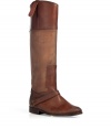 Stylish riding boots in chestnut vintage leather - From the Italian cool label Golden Goose - Long, moderately wide shaft, sloped down at the top - Round toe, cool spur strap - Vintage look, the boots look like theyve been worn for years - A somewhat distressed look - a hip mix of riding and biker boots - Sturdy, comfortable, a boot for life - Sexy styling: with a mini skirt and over-the-knee stockings, so only a little bit of bare leg sticks out - and topped with a biker jacket