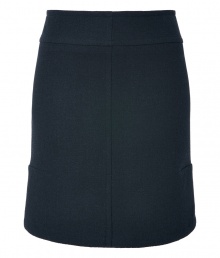 Cut an exquisitely feminine figure in Veronique Leroys navy wool skirt, tailored to perfection with a sweetly flared hemline - Hidden back zip, form-fitting - Pair with breezy tops and shimmering fine jewelry