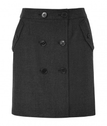 Prim yet stylish, this flannel skirt brings old-fashioned charm to a daring mini length - Button tab waistline, fold-over silhouette with button front, flap pockets at hips, back welt pockets with button, fitted silhouette - Pair with a button down blouse and classic patent pumps