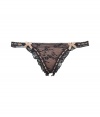 Get the sultry glamorous look of a vintage 1950s pin up girl in Von Follies by Dita Von Teeses black and nude stretch mesh thong - Sheer black stretch lace over nude front, tonal stitched satin trim, ruffled stretch lace trim, sheer mesh back - Thong back - Wear with the matching balconette bra for a seriously seductive look