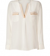 With an effortless chic look in pristine silk, Steffen Schrauts pastel detailed top is perfect for both dressing up and down - Open round neckline, long sleeves, buttoned cuffs, side slits, flap chest pockets, two-tone trim - Loosely fitted - Wear with skinnies, flats and a leather carryall