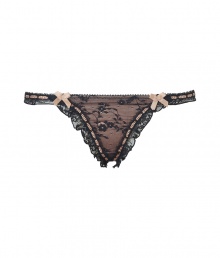 Get the sultry glamorous look of a vintage 1950s pin up girl in Von Follies by Dita Von Teeses black and nude stretch mesh thong - Sheer black stretch lace over nude front, tonal stitched satin trim, ruffled stretch lace trim, sheer mesh back - Thong back - Wear with the matching balconette bra for a seriously seductive look