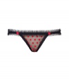 Get the sultry glamorous look of a vintage 1950s pin up girl in Von Follies by Dita Von Teeses black mesh thong, detailed with ruffled trim and fun red embroidered dots - perfect for giving as a saucy holiday gift! - Embroidered red dots on front and back, sheer black and nude mesh front panel, sheer black ruffled mesh trim, sheer black mesh thong - Thong back - Wear with the matching balconette bra for a seriously seductive look