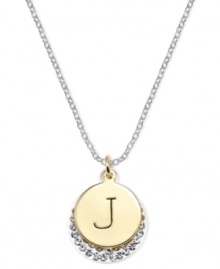 Letter perfection. This sterling silver necklace holds a pendant set in 14k gold and sterling silver platedtopped with a J and adorned with crystal for a stunning statement. Approximate length: 18 inches. Approximate drop: 7/8 inch. Approximate drop width: 5/8 inch.