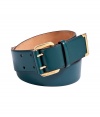 Pull together your look with a painterly palette and opt for Salvatore Ferragamos deep petrol leather belt - Gold-toned hardware - Perfect for pairing with nude separates and rich chocolate accessories