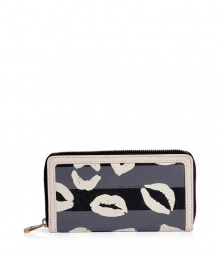 Carry your cash and cards in style with this kiss-covered wallet from Marc by Marc Jacobs - Classic rectangle shape, top zip closure, multiple compartments for cash, cards, and coins, allover kiss print, front embossed logo detail, leather trim - Perfect for daily use or as a thoughtful gift