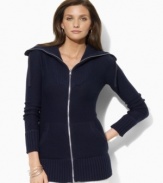 Constructed in a reverse jersey-knit from smooth combed cotton yarns, the luxe full-zip cardigan plays up cool-weather dressing with a chic convertible collar and ribbed-knit bib from Lauren Jeans Co.