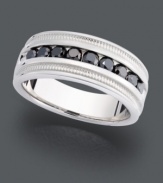 Stately design with a hint of sparkle. This men's ring feature a prominent sterling silver band decorated with channel-set, round-cut black diamonds (1 ct. t.w.). Size 10.