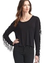 THE LOOKScoop necklinePullover styleLong sleeves with grommet and fringe detailsTHE FITAbout 22 from shoulder to hemTHE MATERIALShirt: 92% viscose/8% spandexFringe: LeatherCARE & ORIGINDry cleanImported