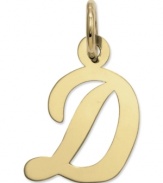 The perfect gift for Dawn. This polished D initial charm features a pretty, small script design in 14k gold. Chain not included. Approximate length: 7/10 inch. Approximate width: 3/10 inch.