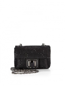 THE LOOKCrossbody chainPetite rectangular silhouetteJet black crystals alloverOversized crystal turnlock closureOne inside open pocketInside logo detailTHE MEASUREMENTCrossbody chain, 17 drop5W X 3H X 2DTHE MATERIALCrystalsSatinViscose/silk liningORIGINMade in Italy