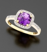 Purple reigns her heart. Exquisite cushion-cut amethyst (1 ct. t.w.) is framed with stunning round-cut diamonds (1/6 ct. t.w.) and set in 14k yellow gold.