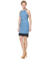 Colorblocking and an exposed zipper modernizes this T Tahari Corrina dress for a contemporary twist on a classic look!