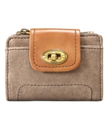 Classic yet casual, this multifunction wallet by Fossil is the chicest way to stay organized. An earthy color palate and aged goldtone hardware add the perfect refined touches to this sleek design.