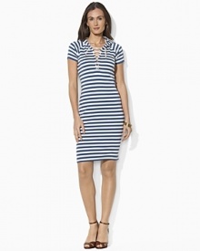 Chic rope accents and bold variegated stripes lend sophisticated nautical style to a Lauren Ralph Lauren hooded dress, constructed in ultra-soft cotton jersey for stylish comfort and versatility.