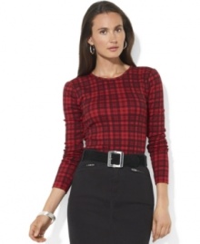 A cheery plaid pattern accentuates Lauren Ralph Lauren's cozy long-sleeved cotton tee, perfect for layering in cooler weather.