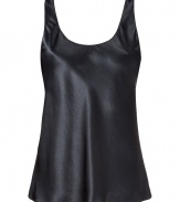 Stylish top in fine dark grey synthetic fiber - Elegant satin sheen - Slim, tank cut widens slightly at hem - Sexy deep scoop neck and back - A go-to in any wardrobe that is as chic as it is versatile - Wear solo or layer beneath blazers or fitted denim and leather jackets - Pair with pencil skirts, maxi skirts and all jeans