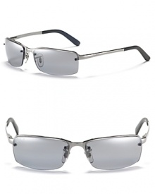 Shiny silver metal frames with gray polarized lenses (primary view) or brown metal frames with dark brown polarized lenses (alternate view) Top-bar polarized sunglasses.