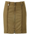 Chic skirt in fine, khaki green cotton stretch blend - Fitted pencil style hits above the knee - Button flap detail at waistband - Back slit - Contrast vertical piping creates the illusion of a longer, leaner silhouette - Zips at front - Casual yet cool, easily dressed up or down - Pair with a silk tank and slim leather jacket or a t-shirt and light cashmere cardigan