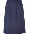 Quietly elegant and effortlessly cool, Jil Sanders dark blue wool skirt ups the ante on ladylike luxe - Classic slim, A-line silhouette - In a soft, medium-weight virgin wool and angora blend - Knee-length style with decorative seams at waist and side zip - Polished and preppy chic, ideal for pairing with a slim-cut blouse or a button down and long cardigan or pullover