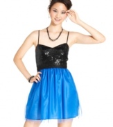 Fun, fanciful style makes Jump's colorblocked party dress a totally irresistible pick! Love the sequin-glazed bodice and the playful overlay of tulle.