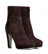 Bring high style to your casual-cool ensembles with these luxe suede ankle boots from Sergio Rossi - Round toe, front platform, chunky heel, side zip closure, ankle length - Style with a mini-dress, cropped trousers, or wool pleated shorts and ribbed tights