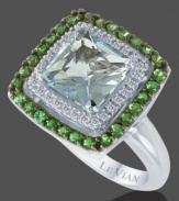 Bring the colors of the sea to your fingertips with this cool blue octagon-cut aquamarine (1-4/5 ct. t.w.) framed in diamond accents and trimmed with round mossy green tsavorite (1/2 ct. t.w.). Ring set in 14k white gold. Size 7.