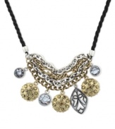 Make a bold statement with this collar necklace from Jessica Simpson. Crafted from gold-tone and silver-tone mixed metal with a black rope, the necklace features an array of charms for a dazzling statement. Approximate length: 16 inches. Approximate drop: 2 inches.