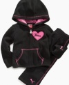 She'll race through the day in sporty style and comfort with this fun hoodie and pant set from Puma.