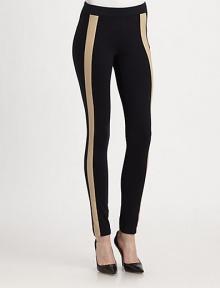 Keep it comfy in these urban-cool leggings with contrasting leather trim and an elastic waistband. Elastic waistbandMedium rise, about 8Inseam, about 30Body: 86% nylon/14% spandexTrim: LeatherDry clean with leather specialistMade in USA of imported fabricModel shown is 5'10 (177cm) wearing US size Small.