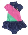 Preppy drop-waist polo dress in boldly colorblocked stretch cotton mesh.