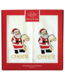 Inspired by classic Lenox holiday patterns, this set of two finger tip towels features St. Nick making his list and checking it twice and a gold lettered sentiment of the season: Cheer. Set comes in a red Lenox box, making it perfect for gifting.