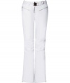 Make a chic statement on the slopes in Jet Sets bright white ski pants, finished with a flattering cut guaranteed to show off your sporty side in style - Zip fly, zippered front pockets, adjustable belt in front, straight leg with silver star circle print, flared zippered ankles, elasticized band at the ankle with silicon for hold - Fitted through the knee - Wear with figure-hugging turtlenecks and cozy shearling lined boots